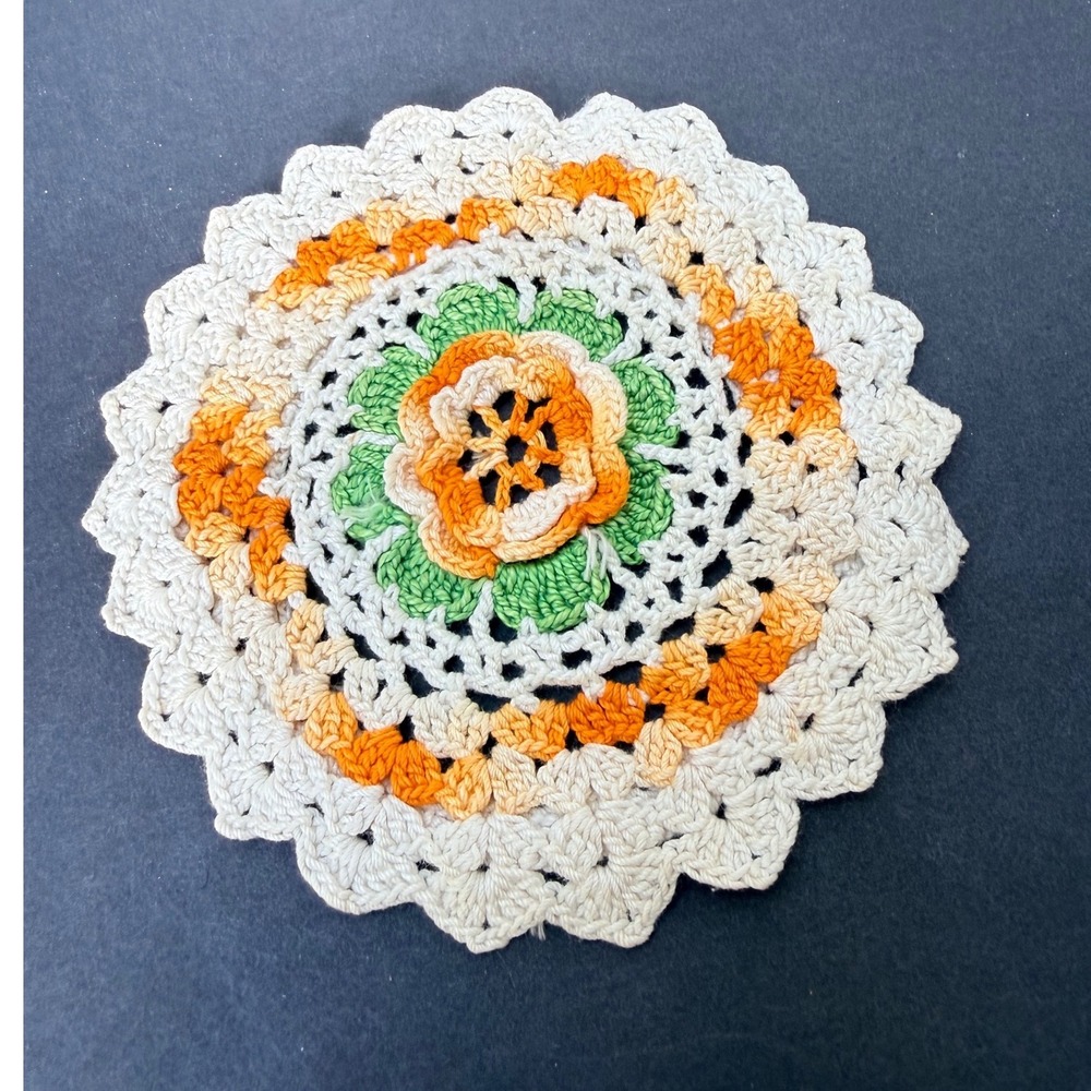 Vintage Handmade Crochet Floral Doily Round‎ Orange Green Cream Lace 6 Inch
